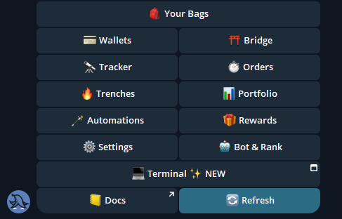 A dark-themed cryptocurrency tool dashboard titled 'Your Bags' showing menu options including Wallets, Bridge, Tracker, Orders, Trenches, Portfolio, Automations, Rewards, Settings, Bot & Rank, and Terminal.