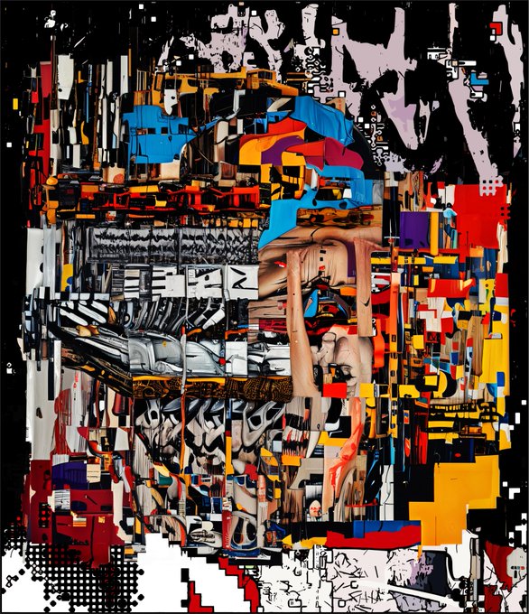 A chaotic abstract digital collage featuring fragmented geometric shapes, glitched textures, and a distorted partial face in vibrant reds, blues, oranges, and blacks.