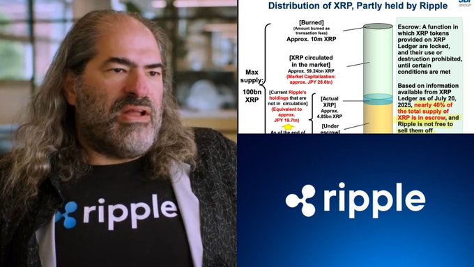 The image features David Schwartz, Ripple's CTO, wearing a black Ripple shirt, alongside a diagram explaining the "Distribution of XRP, Partly held by Ripple," which shows that nearly 48% of the total XRP supply is held in escrow (4.55B XRP out of 9.91B current circulation), with the remainder consisting of burned, market-circulated, and Ripple holdings. The graphic visually supports the post's claim by illustrating Ripple's escrow mechanism, which locks up the majority of XRP supply to prevent large releases that could negatively impact XRP's market price.