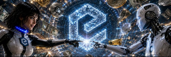 A futuristic scene shows a female cyborg and a white humanoid robot reaching toward each other with their fingers touching, with a glowing blue cube logo between them amid floating coins and currency.