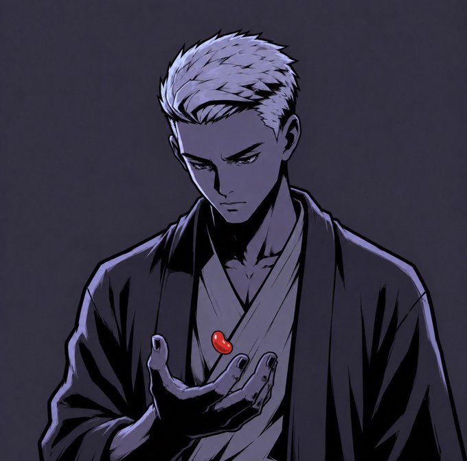 A dark anime/manga-style illustration of a white-haired man in a kimono holding a small red object (possibly a heart or bead) in his outstretched hand.