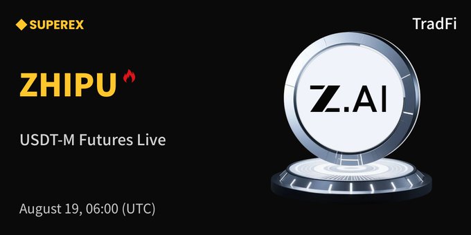 A promotional graphic announcing the launch of $ZHIPU USDT-M Futures Live on SuperEx, dated August 19, 06:00 (UTC), featuring the ZHIPU and "Z.AI" logos alongside the SuperEx and TradFi branding. The image visually reinforces the announcement's call to trade Zhipu AI's new futures contract, highlighting its connection to China's leading large language model AI company.