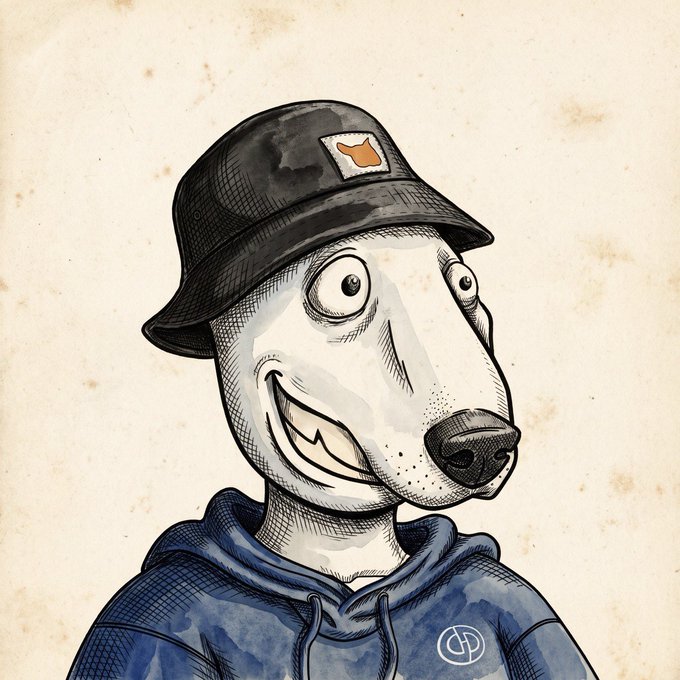 An illustrated cartoon depicts a stylized white dog with a long snout, wearing a black bucket hat with an orange patch and a blue hoodie featuring a circular "GA" logo.