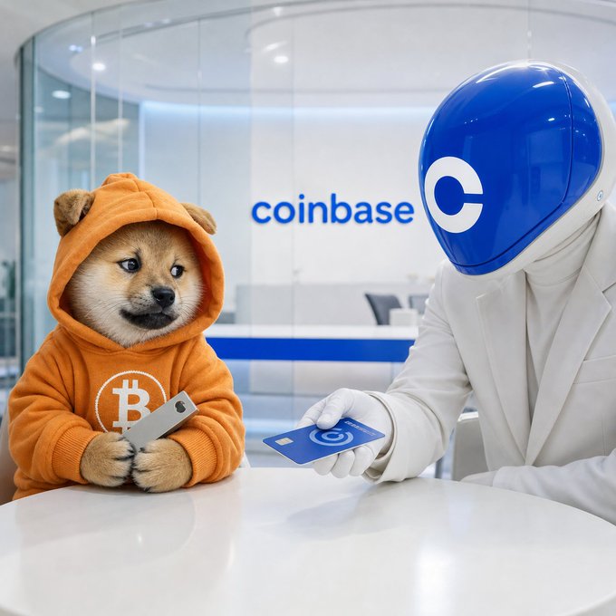 An AI-generated image shows a Shiba Inu dog wearing an orange Bitcoin hoodie holding a smartphone, facing a figure in a white suit with a blue Coinbase logo for a head, set in a "coinbase" office.