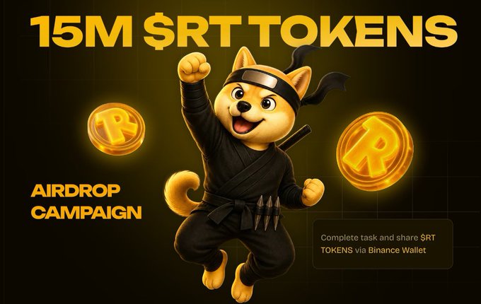 A promotional graphic advertising '15M $RT TOKENS AIRDROP CAMPAIGN' featuring a cartoon cat dressed as a ninja with $RT coin icons, instructing users to complete tasks and share tokens via Binance Wallet.