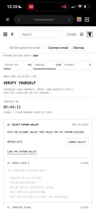 A mobile screenshot of networked.art showing a Patron Edition Supply claim page with 'KYC VERIFY YOURSELF' section, a countdown timer at 05:44:12, and steps to select a Patron wallet (0xF015...3279).