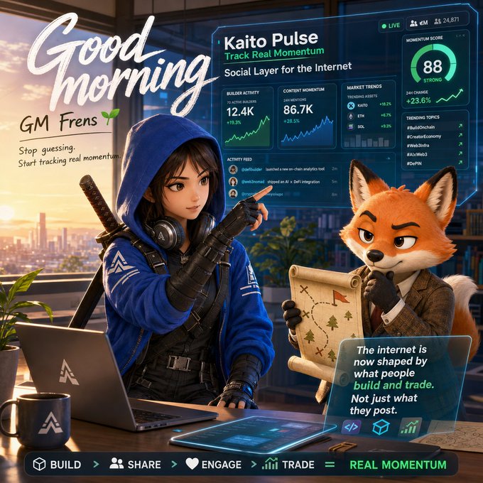 A "Good Morning" promotional graphic for "Kaito Pulse" by @KaitoAI features an anime-style character and an anthropomorphic fox examining a holographic dashboard tracking social metrics, with visible text including "Kaito Pulse - Track Real Momentum," "Social Layer for the Internet," a "Momentum Score" of 88 (STRONG), and tickers like $KAITO, $ETH, and $SOL. The image directly supports the post by visually introducing Kaito Pulse as a tool that shifts focus from social posts to measuring the real momentum behind what people build and trade across crypto assets.