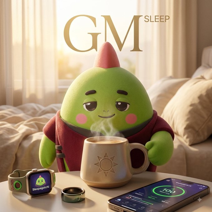 A 3D rendered green character with a pink horn drinking from a mug, with 'GM SLEEP' text and a smartwatch labeled 'Sleepagotchi' showing a sleep score of 100.