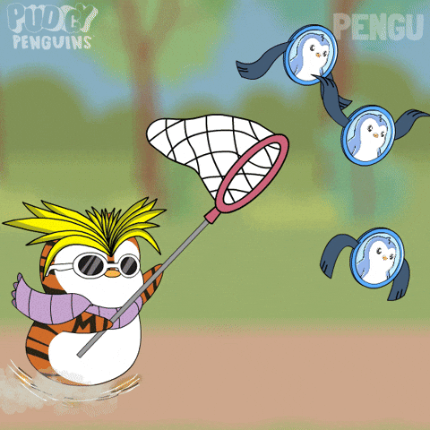 This animated image depicts a Pudgy Penguin trying to catch other "PENGU" penguins with a net, reflecting the post's sentiment about the $PENGU token recovering.