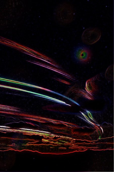 An abstract digital artwork depicting colorful streaks of light in red, green, and blue flowing across a dark, starry background with circular shapes.