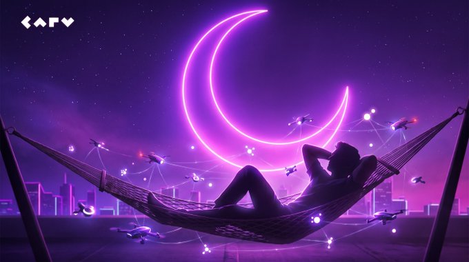 A person relaxes in a hammock beneath a glowing neon crescent moon as drone-like AI agents with connecting network lines work in the background, with the "CARV" logo in the top-left corner — visually embodying the post's message that CARV's agents continue working autonomously while the user rests.