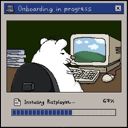 A cartoon-style computer dialog box titled "Onboarding in progress" showing a polar bear at a computer, with text "Installing Ratployer..." and a progress bar at 64%.