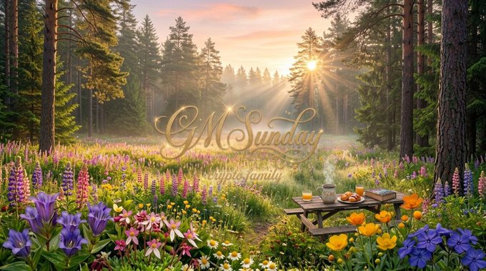 A scenic, AI-generated greeting image of a sunlit forest clearing filled with colorful wildflowers, featuring a wooden bench set for breakfast and overlaid with elegant gold script reading 'GM Sunday' and 'Happy crypto family'.