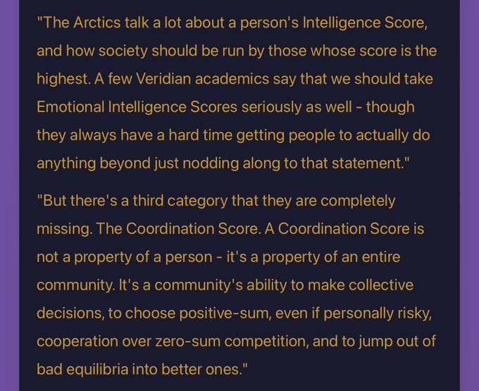 A passage discussing the Arctics' concept of Intelligence Scores versus Veridian academics' Emotional Intelligence Scores, introducing a third category called the Coordination Score as a community-level measure of collective decision-making.