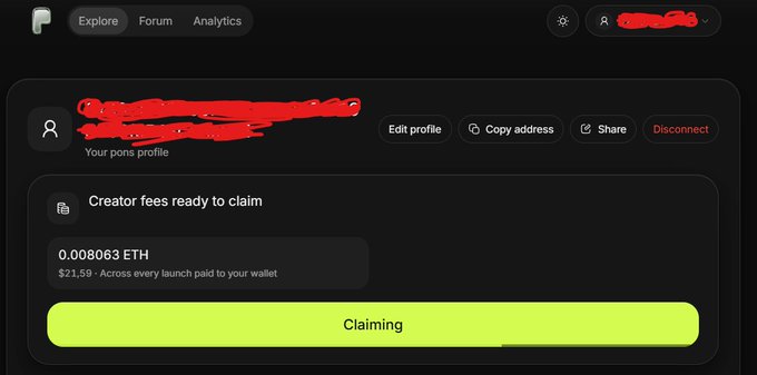 A Pump.fun profile page shows a creator claiming fees of 0.008063 ETH (approximately $21.59), with the username scribbled out in red.