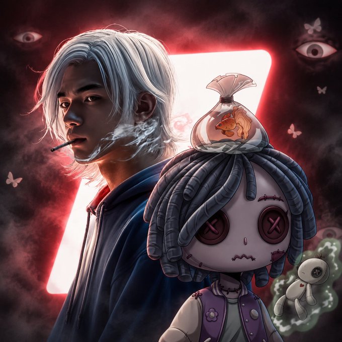 A stylized digital illustration features a white-haired character smoking a cigarette alongside a stitched-together ragdoll figure with X-eyes, dreadlocks, and a bag of goldfish on its head, set against a dark backdrop with floating eyes and butterflies. The artwork visually represents "The Doll Club" NFT project, capturing its "pure chaos" aesthetic through the contrast between the brooding, anime-inspired human and the quirky, surreal doll character.