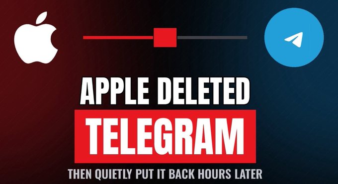 A graphic featuring the Apple logo and the Telegram logo with a slider between them, titled 'APPLE DELETED TELEGRAM' with the subtitle 'THEN QUIETLY PUT IT BACK HOURS LATER.'