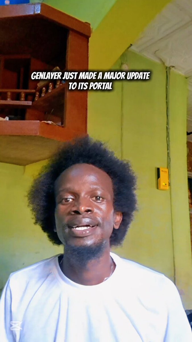 The image features a man with an afro, wearing a white t-shirt, standing against a green wall. The caption reads "Genlayer just made a major update to its portal", which suggests that the man might be involved in the Genlayer community or has contributed to the portal's updates. The post also mentions a community leaderboard and reputation points, indicating that the image is related to the Genlayer community and their efforts to improve it.