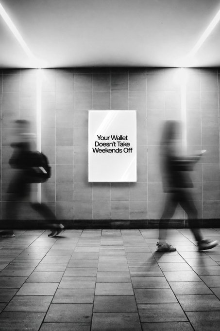 A blurred black-and-white image of two people walking past an illuminated poster in a tiled hallway, with the poster reading "Your Wallet Doesn't Take Weekends Off," visually reinforcing the message that blockchain-based wallets provide continuous, 24/7 access to tokenized equities—unlike traditional banks that close on weekends and holidays.