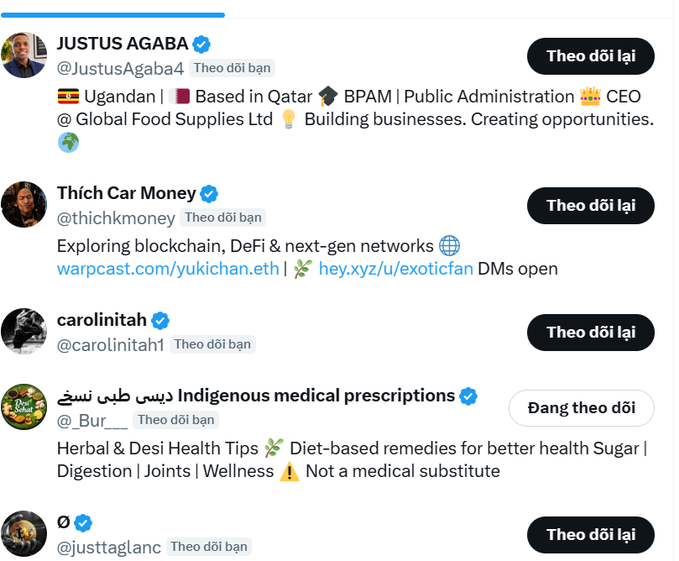 A list of Twitter/X profiles including JUSTUS AGABA (@JustusAgaba4), Thích Car Money (@thichkmoney), carolinitah (@carolinitah1), and a herbal medicine account, with 'Theo dõi lại' (Follow back) buttons.
