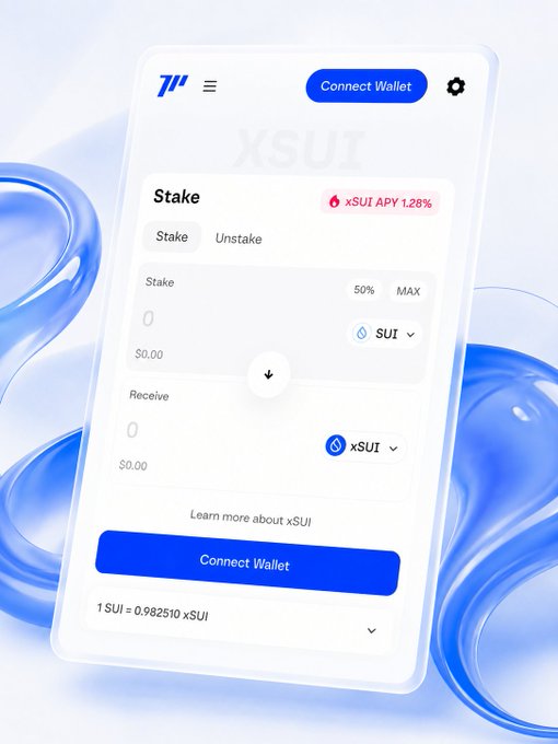 A mobile staking interface shows a "Connect Wallet" prompt for swapping SUI into xSUI at a 1:0.982519 ratio, with an "xSUI APY 1.28%" badge highlighting the native yield while the asset remains usable in DeFi.