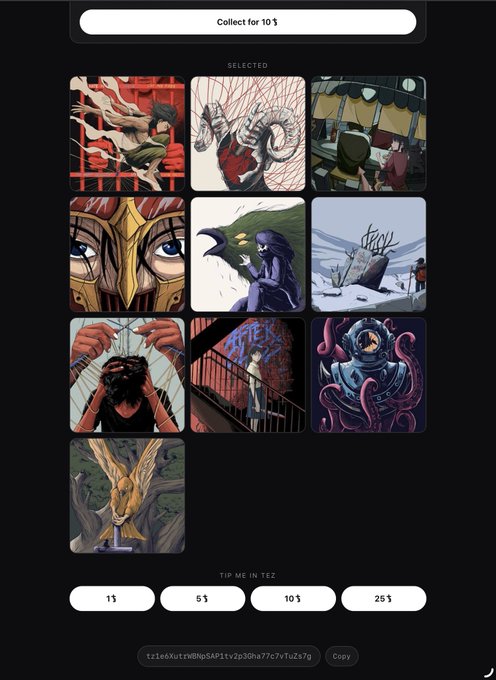 A mobile app interface showing a 'SELECTED' grid of 10 illustrated artworks, with options to 'Collect for 10 $' at the top and 'TIP ME IN TEZ' with amounts '1$, 5$, 10$, 25$' at the bottom.