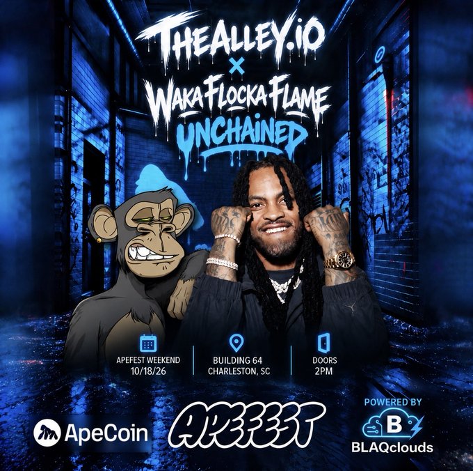 An event poster for 'THE ALLEY.IO x WAKA FLOCKA FLAME UNCHAINED' featuring a smiling man with dreadlocks and a cartoon ape, scheduled for Apefest Weekend 10/18/26 at Building 64 in Charleston, SC.
