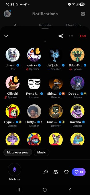 A mobile app notifications screen showing a list of speakers and listeners with usernames like 'chasin', 'quicks', 'Shiny', and 'Hype'.