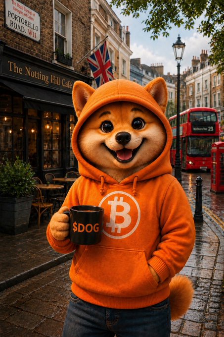 An anthropomorphic Shiba Inu mascot wearing an orange Bitcoin hoodie and holding a "$DOG" mug stands on a rainy London street near The Notting Hill Café, a red double-decker bus, and a "PORTOBELLO ROAD W11" street sign. The image ties into the "new week" post by visually branding the $DOG community with crypto and pop-culture London vibes as it gears up to "keep marching on."