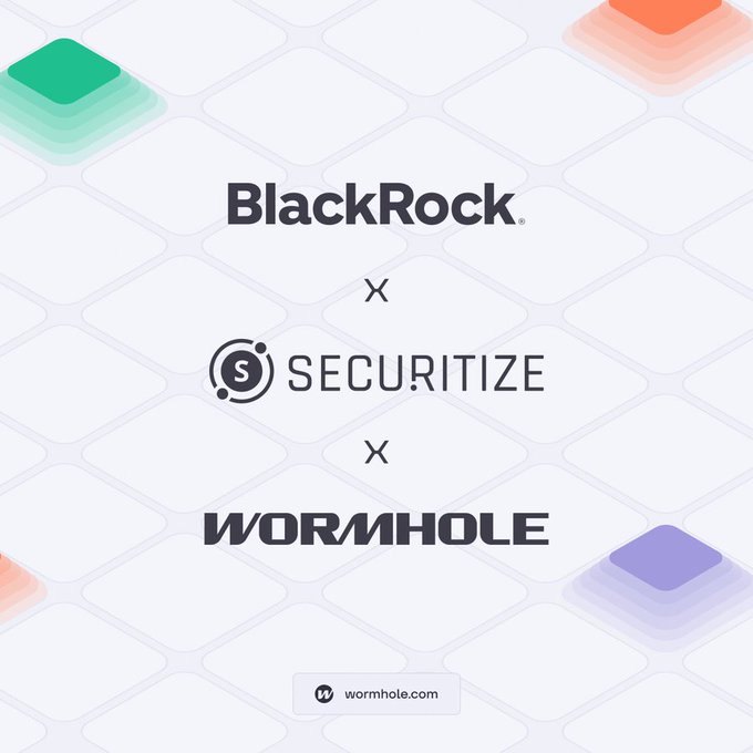 A promotional graphic featuring the logos of BlackRock, Securitize, and Wormhole stacked vertically with "x" separators, set against a white geometric grid background with colorful accents in the corners and the website "wormhole.com" at the bottom, illustrating the partnership behind $BUIDL's multichain expansion across Ethereum, Solana, BNB Chain, Arbitrum, Avalanche, Optimism, Polygon, and Aptos.