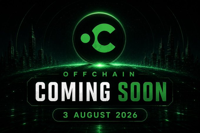 A promotional banner with a futuristic green cityscape background displays the text 'OFFCHAIN COMING SOON 3 AUGUST 2026' beneath a circular green logo.