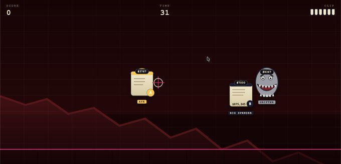 A dark red minimalist video game interface shows a score of 0 and time of 31, with menu items labeled 'BITE!' and 'GRRR!' and a 'FIG SPONSOR' section.
