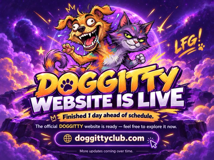 A vibrant purple promotional graphic announcing 'DOGGITTY WEBSITE IS LIVE' featuring cartoon dog and cat characters, with the URL doggittyclub.com.