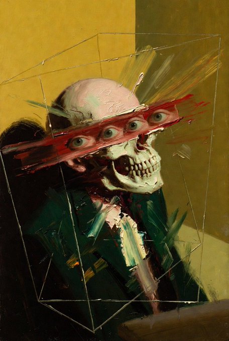 The image seems to be a highly stylized and surreal painting, possibly digital art, titled "Le Squelette Perdu," as mentioned in the accompanying post. It shows a skeletal figure with unnaturally placed multiple eyes and modern cubist stylings suggestive of a Picasso influence within a frame that suggests digital composition.