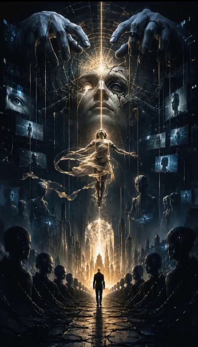 The image features a poster with an illustration of a man standing in front of a large group of people, surrounded by screens displaying various images. The poster also includes text that reads "Choice Glitch #Awakening #MindControl #WakeUp #BeautifullyInsane #DigitalPrison #BTC #ETH #SOL #XRP #BNB #ADA #DOGE #AVAX #LINK #DOT #MATIC #TRX #SUI #TON #CRYPTO #LUNRReverb". The man in the image appears to be a character from a video game, and his presence among the screens creates an atmosphere of digital entertainment.