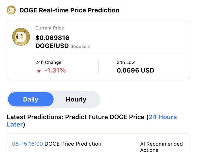 A DOGE Real-time Price Prediction screen shows a current Dogecoin price of $0.069816, down 1.31%, with a 24-hour low of 0.0696 USD and a date stamp of 08-15 16:00.