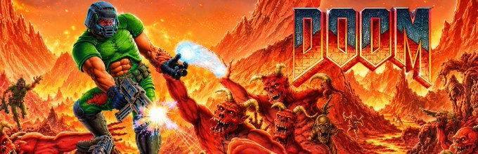 Vintage-style video game cover art featuring the 'DOOM' logo, depicting an armored space marine firing a weapon at demonic creatures in a fiery, hellish landscape.