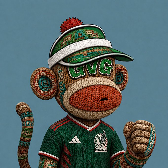 The image features a cartoon monkey wearing a green shirt with red and white stripes and a matching green hat. The monkey appears to be holding up its hand, possibly making a fist or giving a thumbs-up gesture. The background of the image is blue, which contrasts nicely with the colorful attire of the monkey. In the bottom right corner of the image, there's text that reads "Happy thirsty, Thursday gang FIFA World Cup officially started today ... while you're at it, don't forget to mint your free SBT token on MetaMask Rewards".
