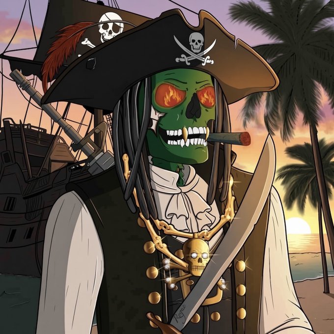 A digital illustration of a green-skinned pirate skeleton with fiery eyes, a tricorn hat, and a gold skull necklace, smoking a cigar with a pirate ship and sunset in the background.