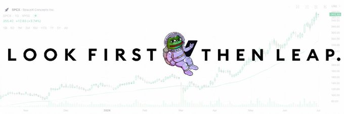 The SpaceX (SPCX) stock chart on TradingView, showing a price of 355.62 (+3.74%), displays the hidden "Look First Then Leap" Moon Pepe easter egg—an astronaut Pepe graphic in the center of the chart—that allegedly inspired the MoonPepe token.