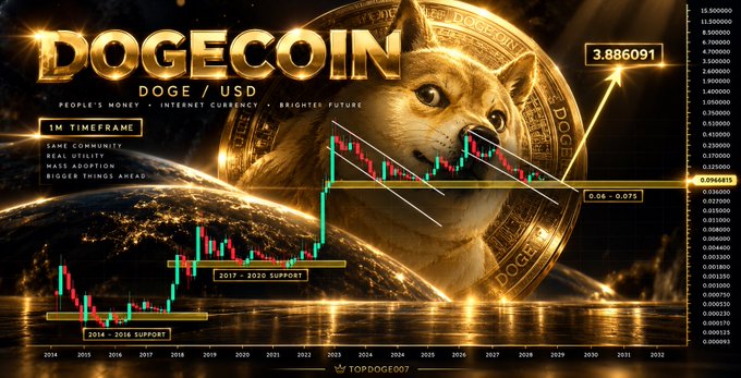 A promotional image for Dogecoin (DOGE/USD) featuring the Shiba Inu mascot alongside a 12-year candlestick chart highlighting historical support levels (2014-2016 and 2017-2020) and a descending channel pattern, with a bullish target marked at $4.20—visually reinforcing the post's argument that DOGE is repeating a familiar breakout pattern toward a new all-time high.