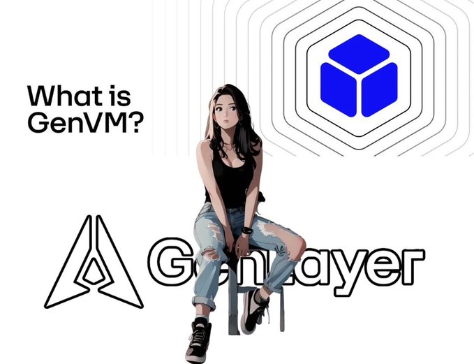 A graphic titled 'What is GenVM?' featuring an anime-style woman sitting on a stool with the text 'GenLayer' and a blue cube logo.