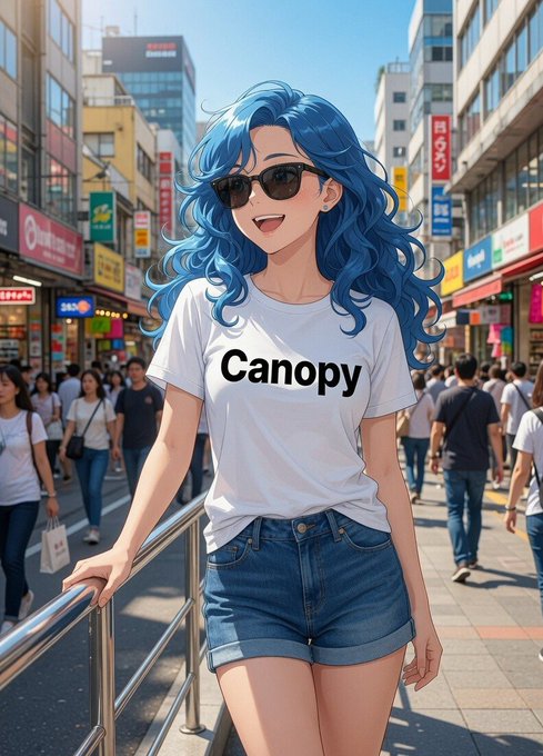 A vibrant anime-style character with flowing blue hair, sunglasses, and a "Canopy" t-shirt stands smiling on a bustling city street, embodying the post's cheerful "Good Morning" greeting and enthusiasm for the Canopy Network's testnet and $8.5 million funding milestone.