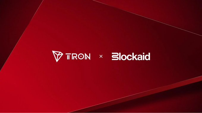 The image features a red background with the logos of TRON and Blockaid displayed side by side, separated by an "x" symbol, indicating a partnership between the two. The visual accompanies a post about TRON's on-chain governance system, highlighting how TRX stakers can vote on protocol upgrades and parameters to ensure decentralized decision-making.