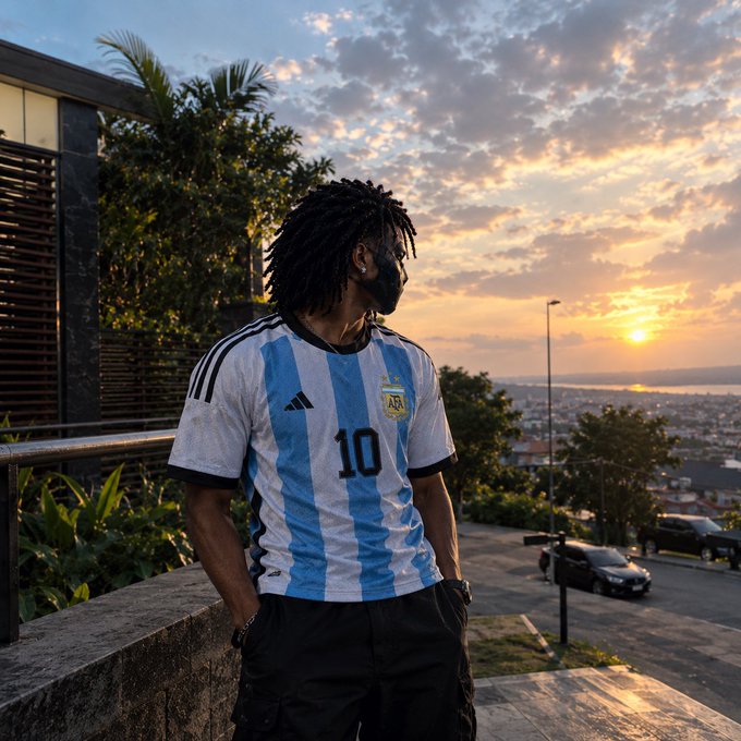 A man with dreadlocks wearing an Argentina soccer jersey with the number 10 stands on a balcony at sunset, overlooking a city view.
