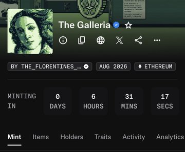 An OpenSea minting page for an NFT collection called 'The Galleria' by BY_THE_FLORENTINES_, showing a countdown of 0 days, 6 hours, 31 mins, 17 secs until minting on Ethereum in August 2026.