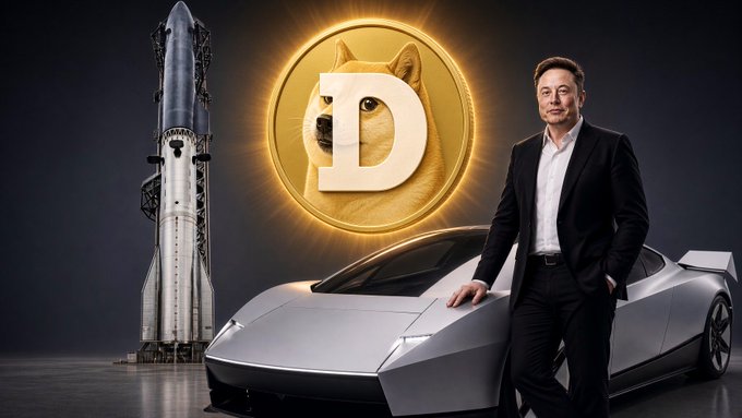 A promotional graphic featuring Elon Musk standing next to a silver Tesla Cybertruck, with a SpaceX rocket on the left and a Dogecoin (DOGE) logo featuring a Shiba Inu dog in the center.