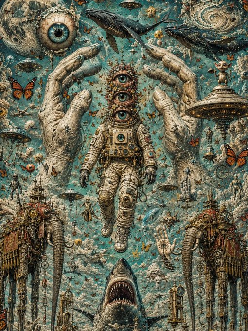 A surreal, psychedelic digital artwork featuring an astronaut with multiple eyes, giant disembodied hands, UFOs, a whale, a shark, butterflies, and intricate mechanical structures.