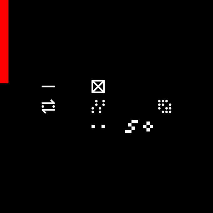 The image displays abstract pixel art featuring a red vertical bar and various white geometric shapes, including a box with an X, dotted patterns, and pixelated arrows on a black background, representing the "500000 PXL" digital artwork by Kim Asendorf.