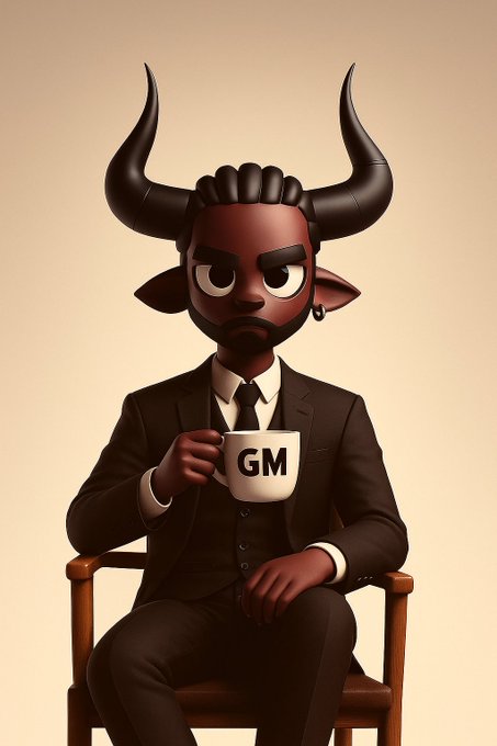 A 3D-rendered cartoon minotaur in a sharp business suit sits calmly on a wooden chair, holding a coffee mug labeled "GM." The image reinforces the "GM Champs" message by featuring the "GM" letters on the mug as a visual match to the post's greeting and motivational theme of starting the day fresh.